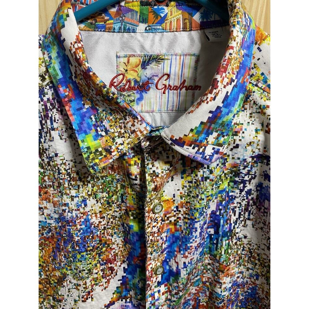 Robert Graham Dress Shirt Mens XL Multicolor Pixel Classic Fit Cotton Flip Cuff